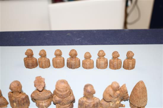 An East African carved wood chess set, kings 5cm, in carved hardwood box, possibly from The Cameroon